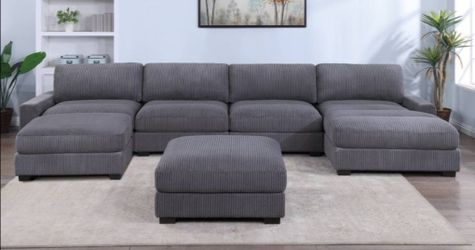 Brand New Grey Corduroy Modular Design Sectional Sofa w Ottoman