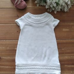 12-18MOS WHITE CABLE KNIT SHORT-SLEEVE DRESS