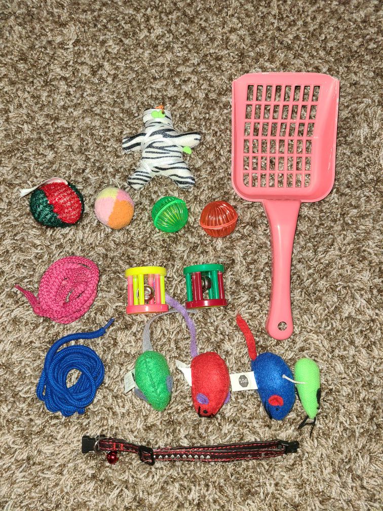 Cat collar, litter scooper & toys