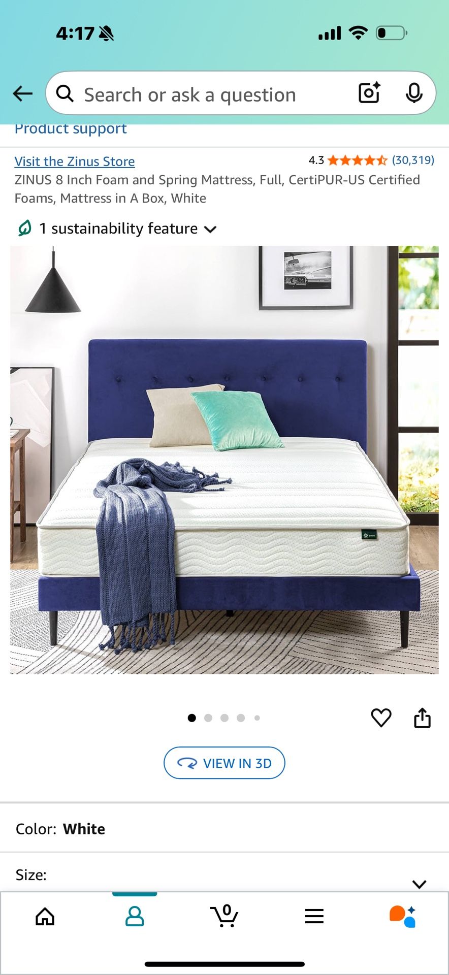 ZINUS 8 Inch Foam and Spring Mattress, Full, CertiPUR-US Certified Foams, Mattress in A Box, White