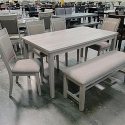 ✅️✅️6 pcs light grey finish wood dining table  set padded seat chairs and bench ✅️ 