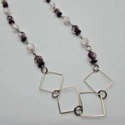 Handmade Geometric Beaded Necklace Silver Tone Square Links Boho Artsy
