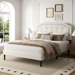 Queen Size Bed Frame, Queen Size Platform Bed Frame with Upholstered Button Tufted Headboard, Strong Wood Slats, No Box Spring Needed, Mattress Founda