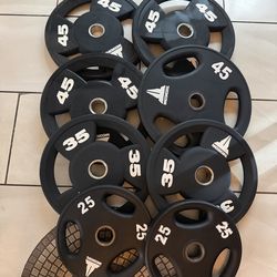 Commercial urethane Olympic weights 300lbs total like new