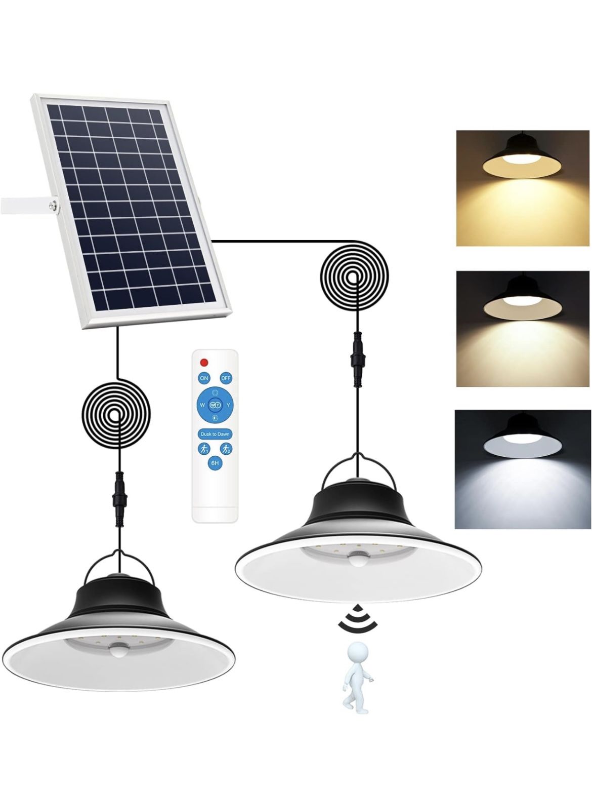 Solar Pendant Light, Upgraded Motion Sensor Light Outdoor Solar Lights Indoor Dimmable with Remote 3000K/4500K/6000K, 2x16.4ft Cable IP65 Waterproof f