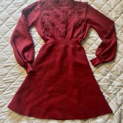 Burgundy Knit Fit & Flareg Dress w/ Lace Sleeves