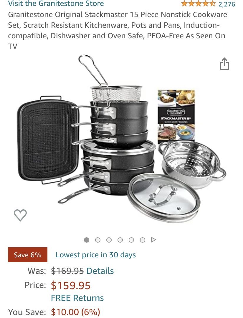 Granitestone Original Stackmaster 15 Piece Nonstick Cookware Set, Scratch Resistant Kitchenware, Pots and Pans, Induction-compatible, Dishwasher and O