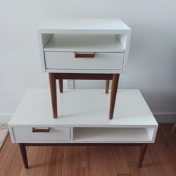 Coffee Table and Nightstand White and Wood Accents Two Piece set  with single drawers