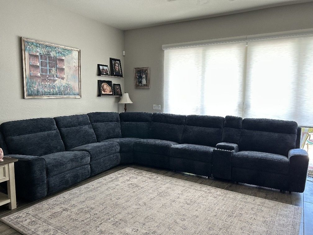 Large Blue Motorized Sectional Couch
