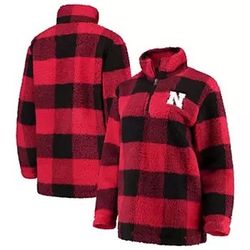 Women's L Scarlet/Black Nebraska Cornhuskers Plaid Sherpa Quarter-Zip Pullover Jacket