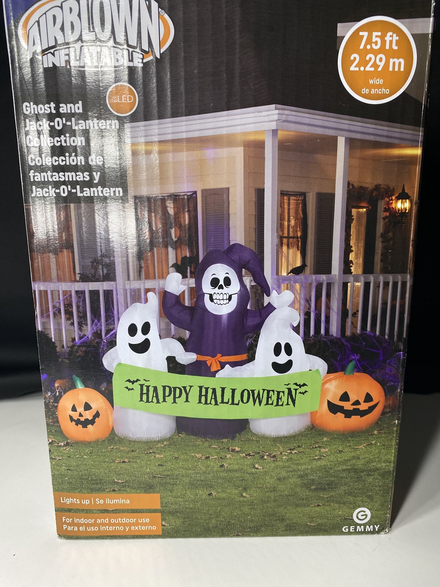 7.5' Gemmy Airblown Halloween Ghost and Pumpkin Scene w/Banner Yard Decoration