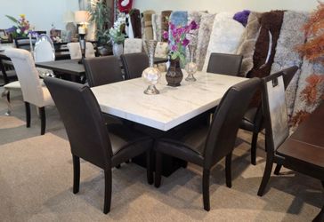 Real Marble Top Table and 6 Leatherette Side Chairs