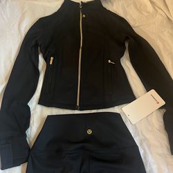 Black-Lulu lemon cropped define jacket with gold zipper and leggings
