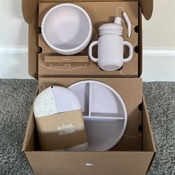 NEW Lalo First Bites Silicone Baby Feeding Set - Non-Toxic Silicone - Includes 1 Bib, 2 Spoons, Training Cup, Suction Plate an