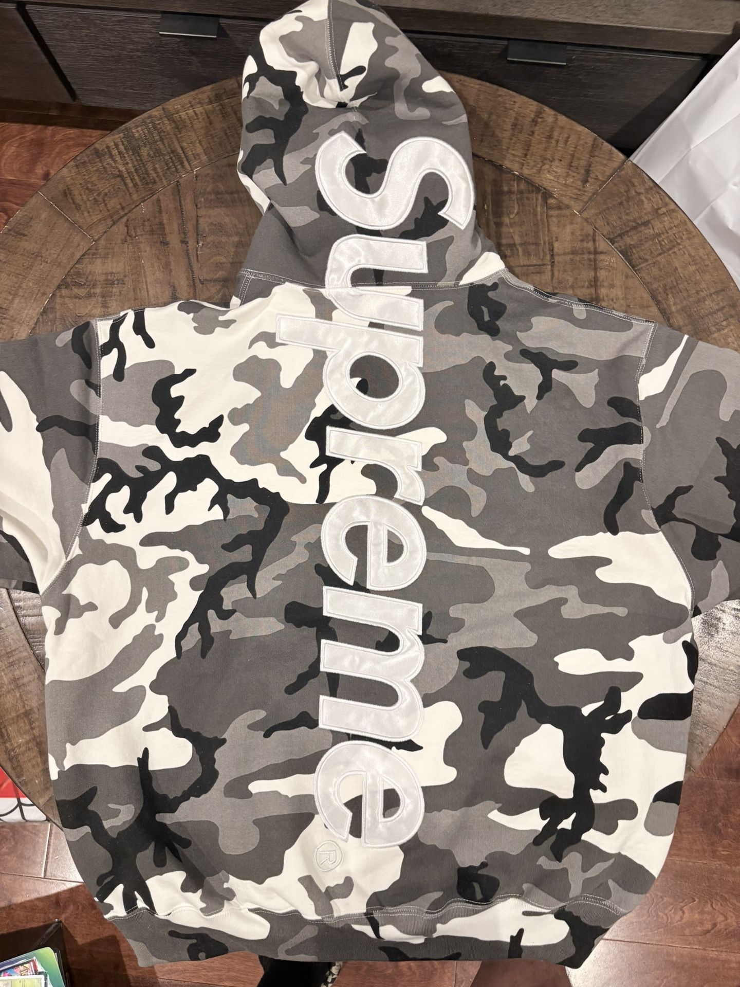 Size L Supreme Satin Applique Hooded Sweatshirt (SS26) Snow Camo