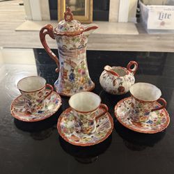 Antique Japanese Hand Painted Kutani Porcelain Tea Set Of 8 pcs 