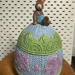 Egg Shaped Ceramic Easter Cookie Jar w Bunny on Top Embossed Majolica Crocket