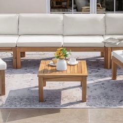 Homall 7 Pieces Patio Conversation Set Acacia Wood Outdoor Furniture Set, White