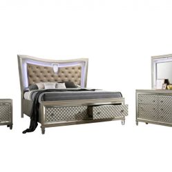 GLAM BLING LED LIGHT 6 PIECE EASTER KING SIZE BEDROOM SET NIGHT STANDS MIRROR DRESSER CHEST CABINET - JUEGO RECAMARA COMPLETA - SINC COLCHON