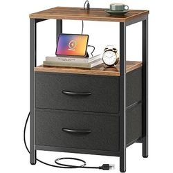 Huuger 23.6” Nightstand with Charging Station, Side Table with Fabric Drawers