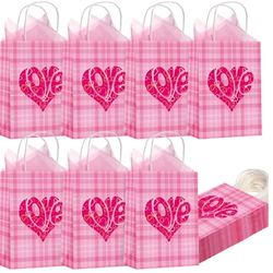 Hushee 30 Pcs Love Gift Bag Bulk Party Favor Heart Paper Bags with Handle Pink Tissue Paper 6.3 x 8.66 x 3.15 Inch Treats Goodie Bags for Wedding