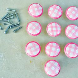10 Pink Plaid White Porcelain Drawer Pulls Or Drawer Door Knobs !    Cool !