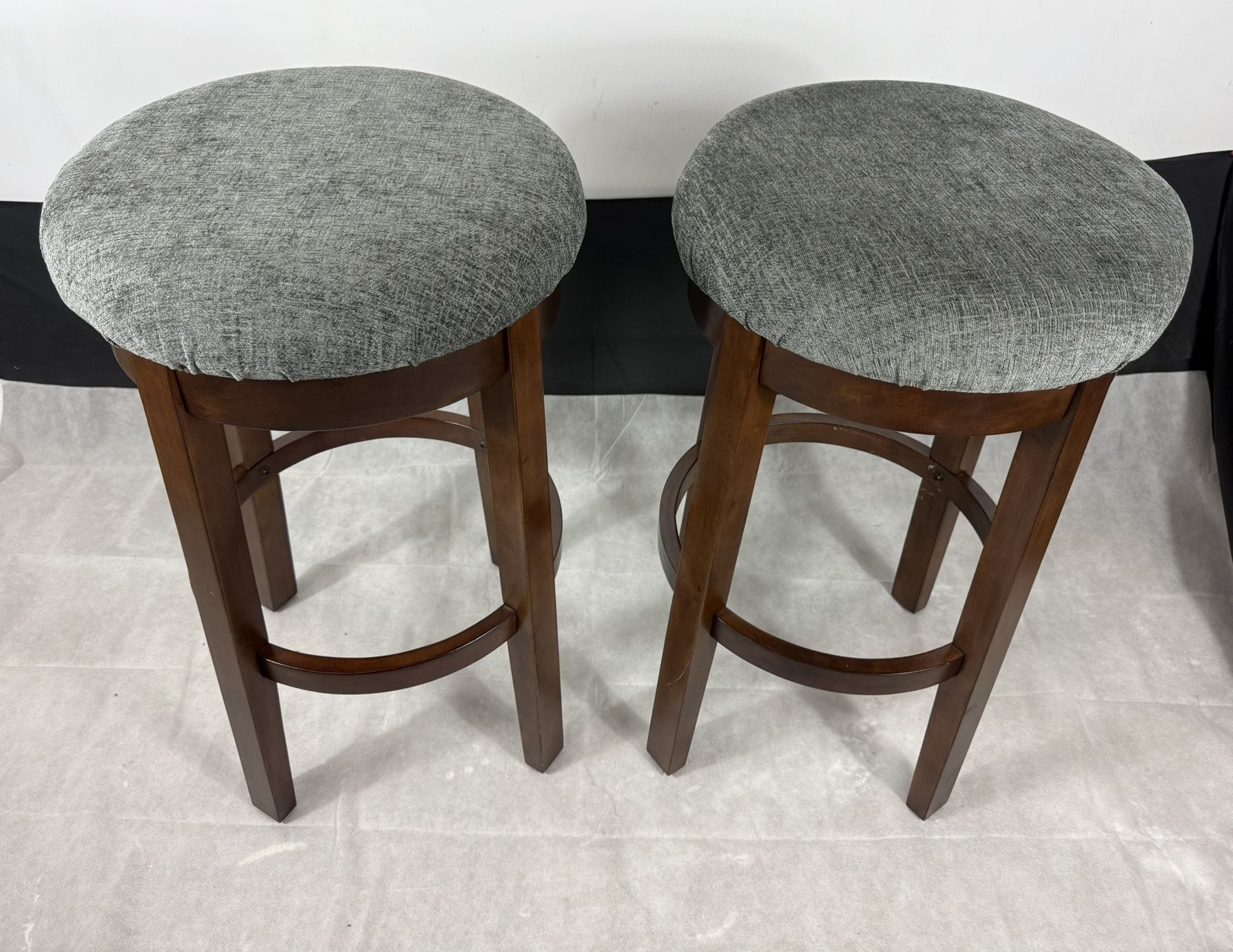 Set of 2 Wood Bar Stools with Gray Cushioned Seats