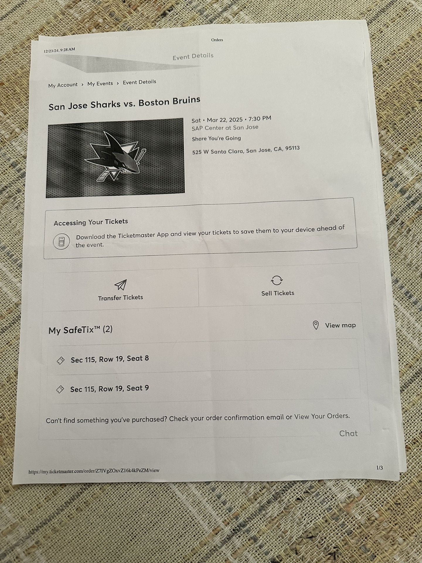 Sharks Tix March 22
