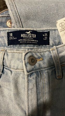 These are Hollister California Ultra-Rise Mom Jeans in a light blue wash.