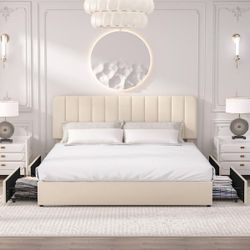 Platform Storage Bed Beige Metal + Wood Bed Frame King Platform Bed with Velvet Upholstered Headboard and 4-Drawers
