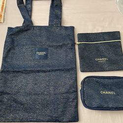 Authentic Chanel 2023 Holiday Tote With Boxer , 2 Cosmetic Bags
