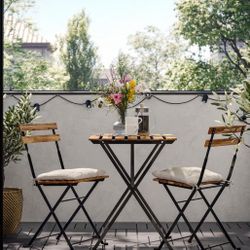 Table+2 chairs, outdoor, black/light brown stained foldable