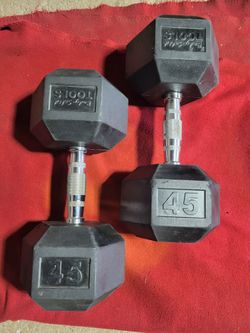 SETS OF 45LB RUBBER COATED HEXHEAD DUMBBELLS TOTAL 90LBs
11525 S HALSTED/7111.S WESTERN
90$ CASH ONLY AS IS
