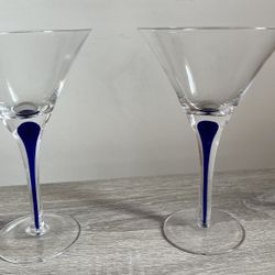 Set Of 2 Orrefors Intermezzo Blue Tear Drop Martini Glasses. 