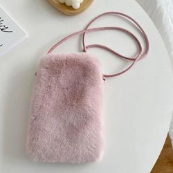 Pink faux fur winter girl's women's cell phone case crossbody bag.