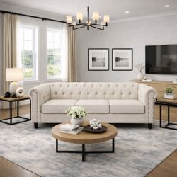 Velvet Upholstered Chesterfield Sofa with Nailhead and Solid Legs for Living Room