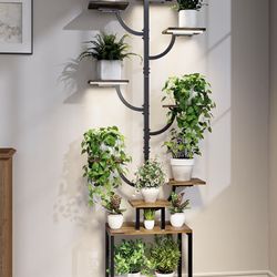Plant Stand Indoor with Grow Lights - 9-Tier Plant Stand with Wheels, Tall Metal and Wood Indoor Plant Shelf with Tree Design, Rolling Flower Pot Hold