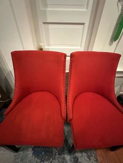 Pair of Red Suede Upholstered Dining / Accent Chairs with Nailhead Trim
