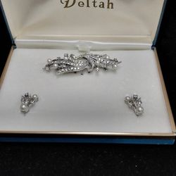 Deltah Rhinestone & Pearl's Brooch & Clip On Earrings- Located In Shelton 