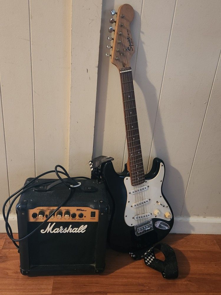 Squier Mini Electric Guitar By Fender W/ Marshall Amplifier Amp