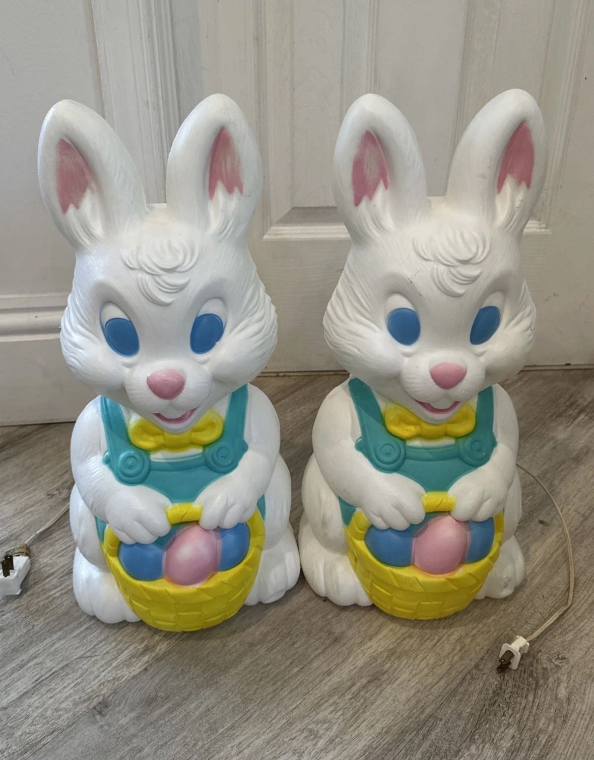 Set Of 2 Vintage General Foam Plastics Easter Bunny W Overalls Blow Mold No Bulb