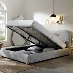 Full size Egerie Curved Headboard Mist Gray Boucle Ottoman Storage Bed