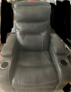 TWO Gray Leather Recliner Chairs with Cup Holders