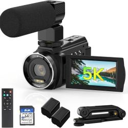 NEW! 5K Video Camera Camcorder UHD 48MP 60FPS WiFi, 10X Zoom/Remote/Handheld Stabilizer/Microphone/2 Batteries/64 GB Memory Card