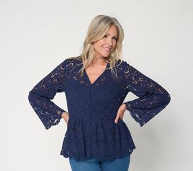 BEAUTIFUL by Lawrence Zarian Button Front Knit Lace Blouse & Tank Navy, X-Large