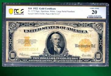 1922 $10 Dollars Gold Certificate, NOTE, PCGS 20 COMMENT, 76506