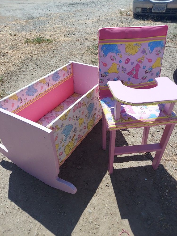 HAND MADE DOLL ROCKING CRADLE AND HIGHCHAIR BOTH FOR $40.00