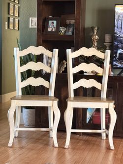 4 antique white and natural wood solid dining chairs