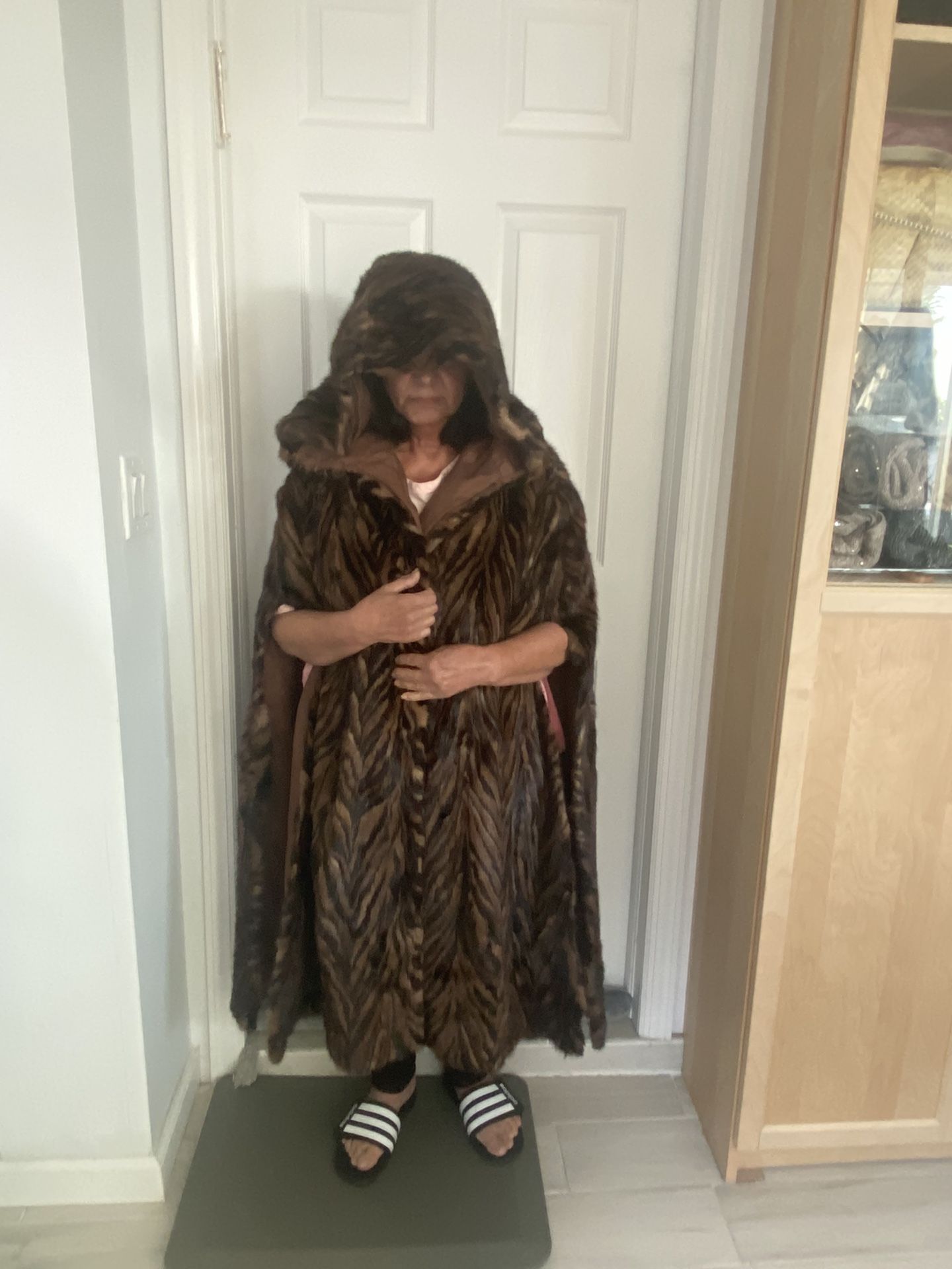 Brown Hooded Mink Fur Shawl Coat One Size