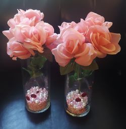LOT'S PARTY DECORS. ARTIFICIAL PINK ROSES & 2 VASE, PINK PEARLS FOR AL FOR $12
